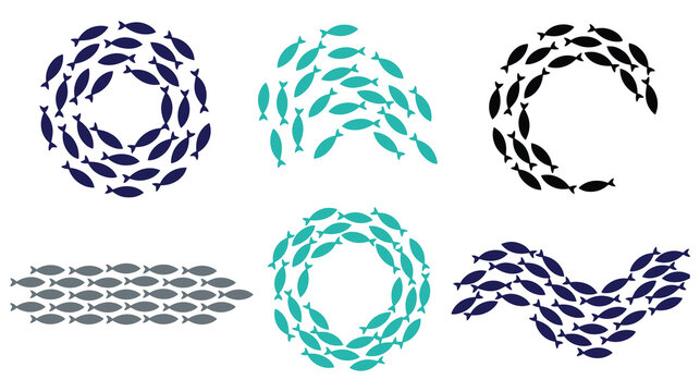 Fish school silhouettes swimming in various geometric shape patterns.