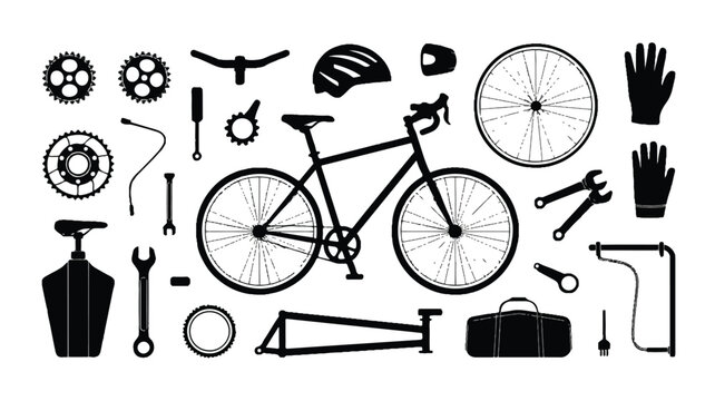 A black and white illustration depicts a bicycle with various tools and accessories arranged around it.