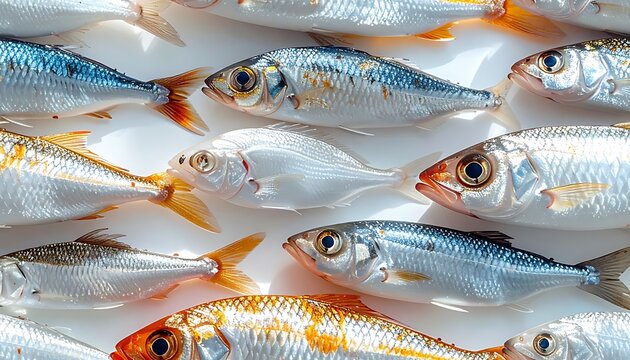 A school of small, silvery fish tightly packed together, viewed from above on a clean white background, showcasing shimmering scales and aquatic life