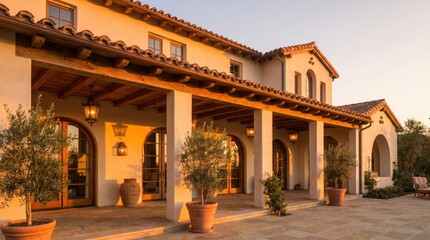 Fototapeta premium Spanish style villa with arched colonnade at golden hour