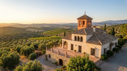 Fototapeta premium Aerial view of historic villa surrounded by vineyards during golden hour in rural Spain