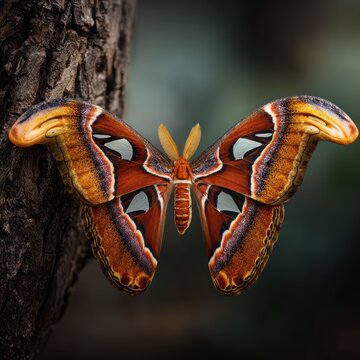 Colorful Atlas Moth Resting on Tree Bark with Large Wing Span in Natural Environment