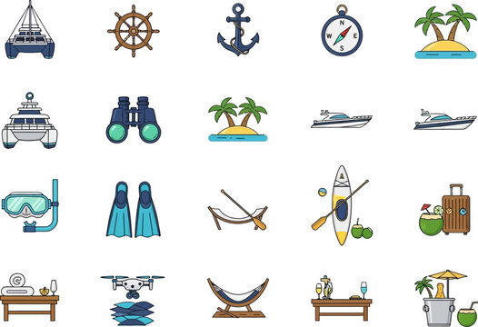 Vacation Travel Summer Beach Icons Set.