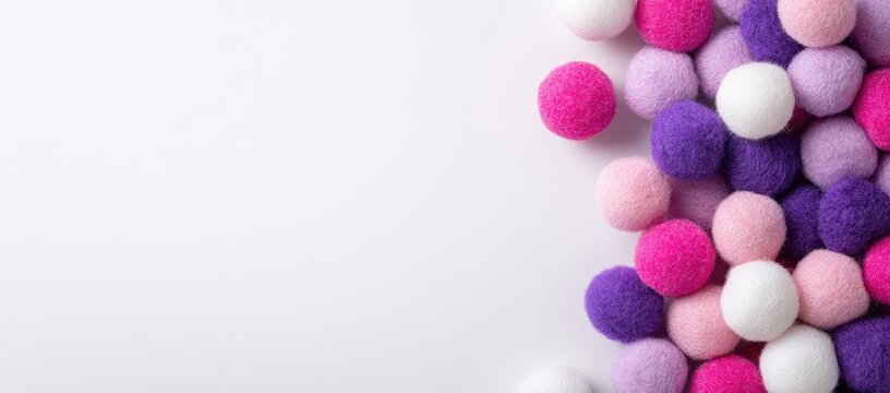 Pile of fluffy pom-poms in white, pink, purple hues on white surface, right side