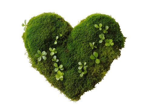 Isolated vibrant green moss heart shape with small leafy plants, symbol of nature