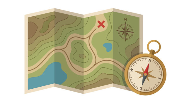 Navigate your next adventure with a folded topographic map and a vintage brass compass pointing the way