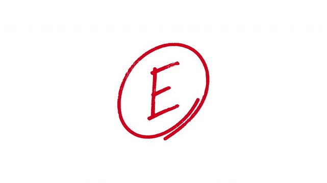 Hand drawn red academic grade E with circle animation on transparent background representing failing score, student assessment and educational results.