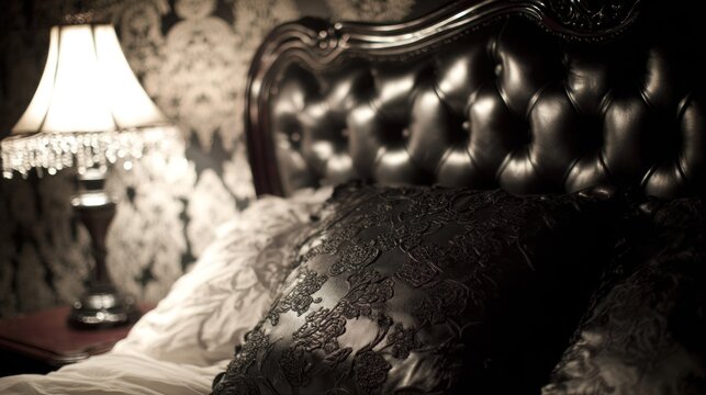 Ornate, dark bedroom interior features luxurious leather headboard and crystal lamp.