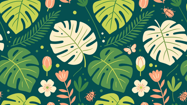 Tropical monstera leaves seamless pattern with flowers and insects