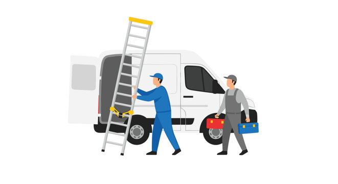 Two technicians in blue and grey uniforms load an extension ladder into the back of a white service cargo van while carrying professional toolboxes on a white background.