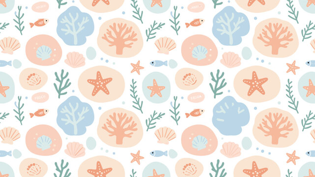 Cute pastel ocean seamless pattern with coral seashell starfish and fish