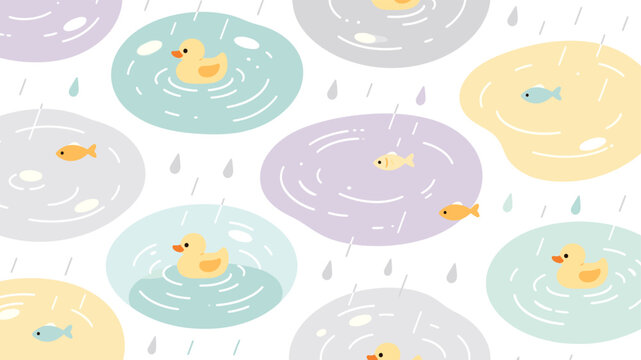 Cute duck rain puddle seamless pattern with raindrops and fish