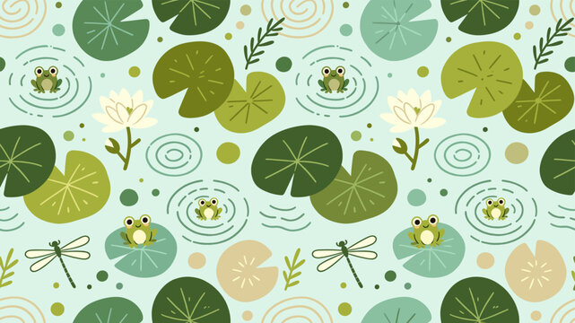 Lily pad pond seamless pattern with frogs dragonflies and lotus flowers