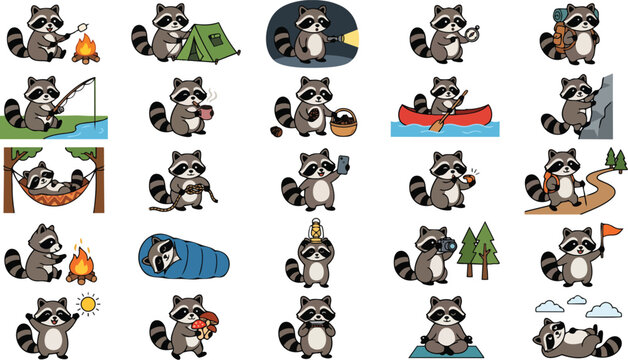 Cute Raccoon Camping Cartoon Set &ndash; Kawaii Forest Adventure Clipart Vector