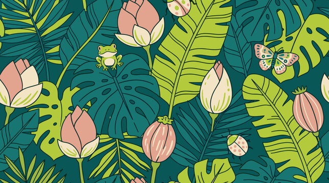 Tropical jungle floral seamless pattern with leaves flowers frog and butterfly