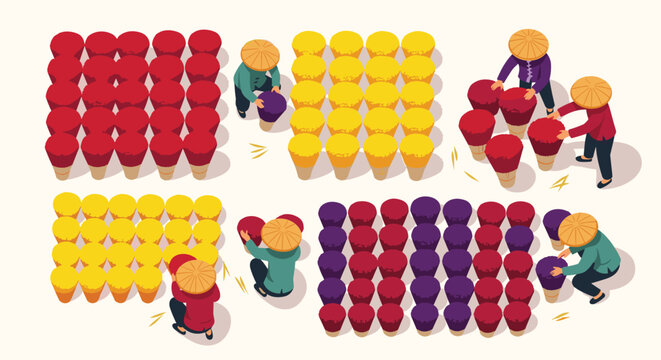 People in conical hats arrange vibrant red and yellow incense bundles in an isometric grid pattern on a light surface with soft shadows and balanced color composition.