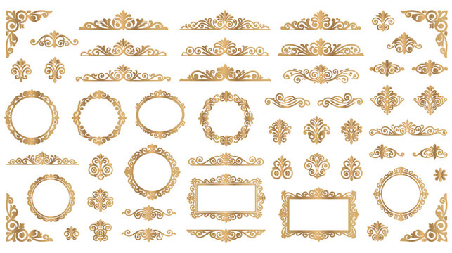 Elegant golden ornamental swirls and borders vintage design elements.