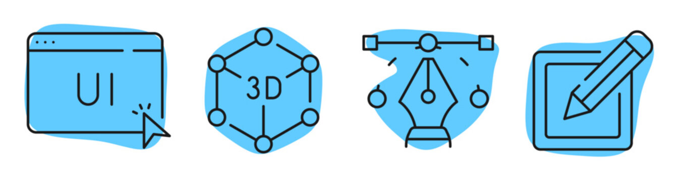 Ui design icons representing three dimensional modeling and vector editing. Editable stroke