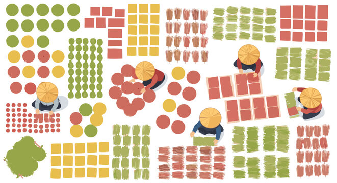 Several laborers wearing conical straw hats meticulously sort diverse piles of red and green harvested plant materials across a wide expanse in this top-down perspective view.