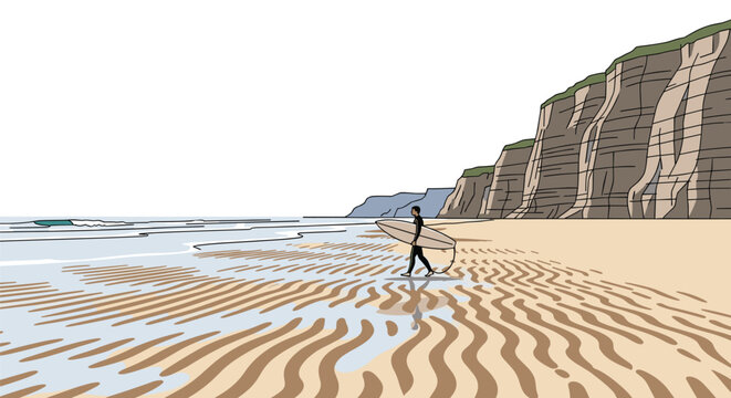 A lone surfer in a wetsuit carries a surfboard across a beach with rippled wet sand patterns near a large rocky coastal cliff under a wide open bright sky.