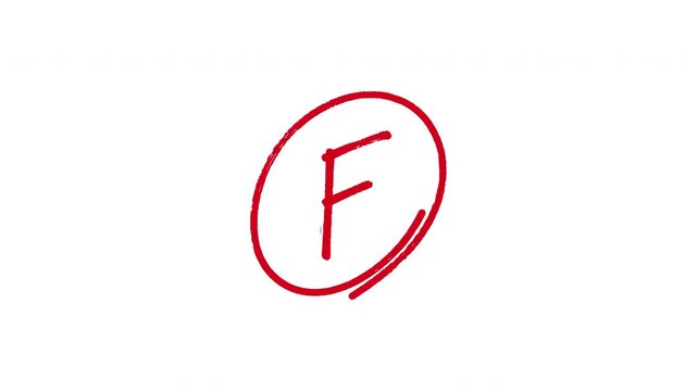 Hand drawn red academic grade F with circle animation on transparent background representing failed exam, poor student performance and educational results.