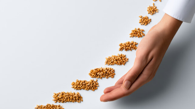 Golden oat grains arranged in staircase pattern on white background with human hand gently touching, symbolizing growth, progress, and healthy nutrition