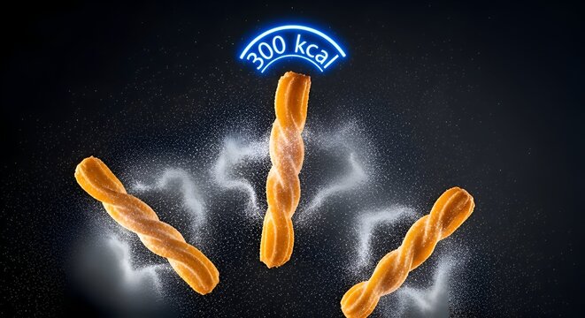 Three breadsticks with a glowing 300 kcal sign above them against a dark background