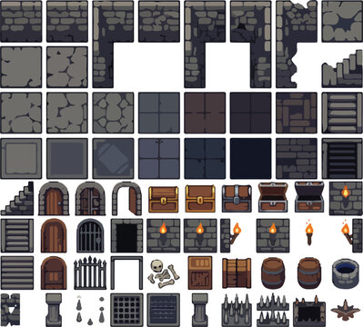 Pixel art dungeon tileset vector, retro game environment assets, stone walls and treasure chests for RPG level design