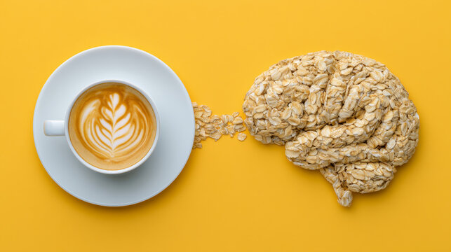 Coffee cup with latte art and saucer on yellow background, connected to brain shape made of oats, symbolizing creativity, energy, and healthy breakfast ideas