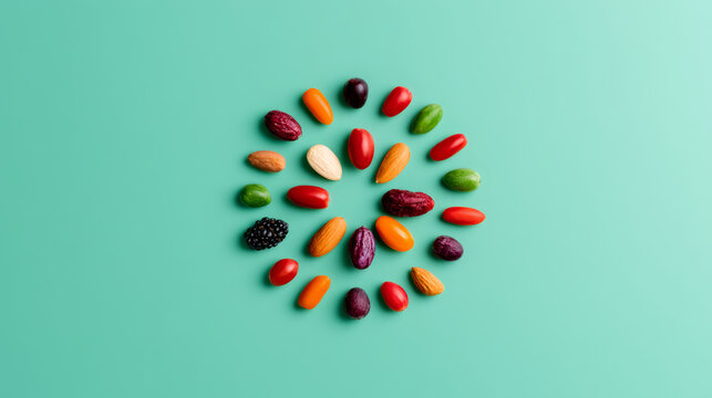 Colorful almond, berry, and fruit snack arranged in circular mandala pattern on turquoise background, creating healthy and vibrant food display