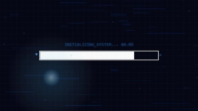 Digital loading bar interface initializing system process on dark grid