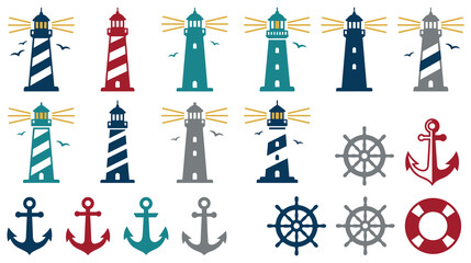 Set of flat nautical lighthouses anchors wheels and life buoy icons vector. © Ojufa