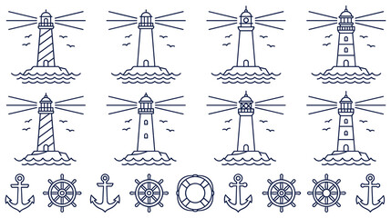 Set of thin line lighthouses anchors wheels and life buoy icons set vector. © Ojufa