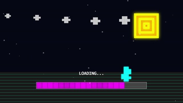 Pixelated video game character loading in a retro style digital world