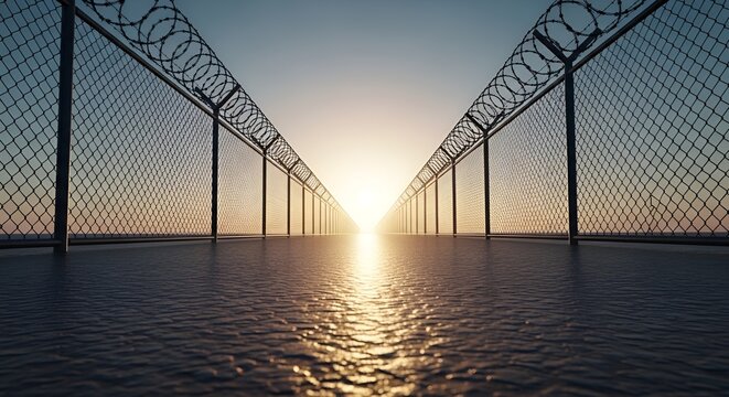 Endless barbed wire fence leading to bright sun on horizon, symbolizing hope and freedom