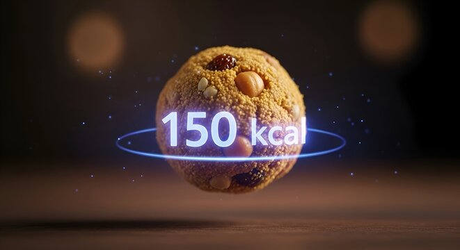 A single cookie floats with a glowing holographic display of its calorie count