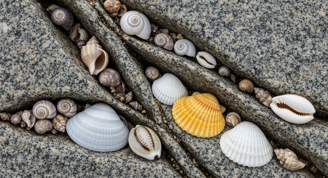 Natural seashells intricately nestled within rugged rock crevices, highlighting the detailed beauty and textures of a coastal tide pool ecosystem