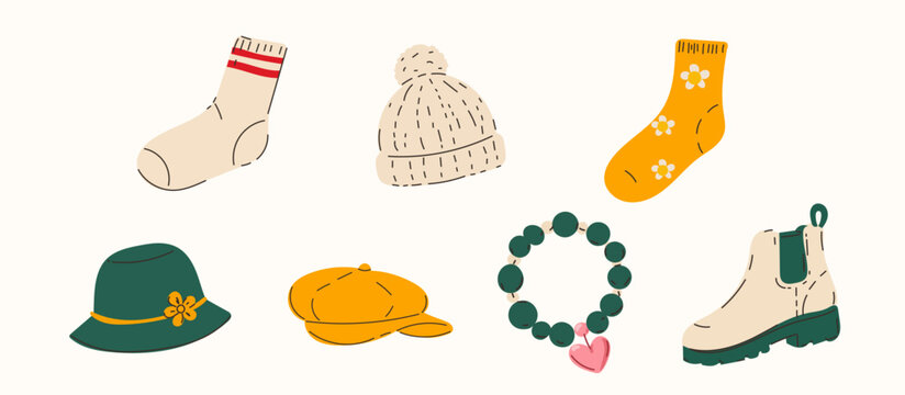 Shoe, Hat and Bracelet Set. Stylized Nostalgic Cartoon Retro Style Element. Vintage 90s Hipster Symbol. Fashionable Footwear Funny Element for Modern Poster Design