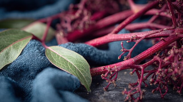 Deep crimson plant stems and green foliage rest upon dark textured fabric.
