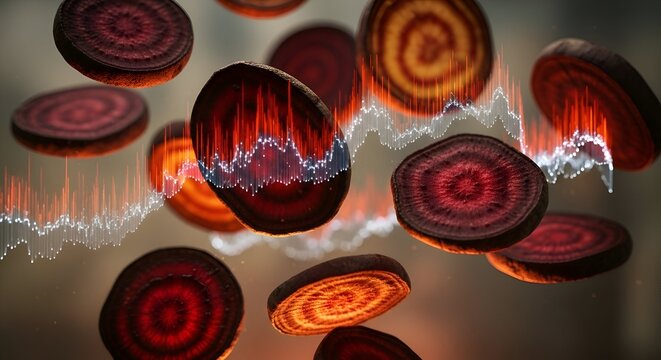 Abstract close up of sliced beets with glowing red and purple rings and swirling light patterns