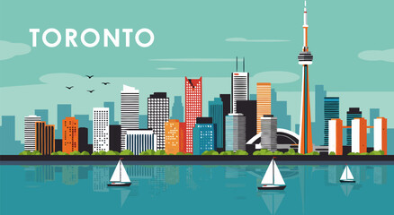 Fototapeta premium Vector illustration of a scenic Toronto city skyline with sailboats on the lake at sunset