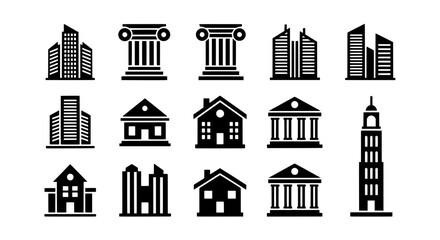 Fototapeta premium Buildings icon set with various architectural styles and structures featuring architecture, icons, skyscraper with house and temple elements for