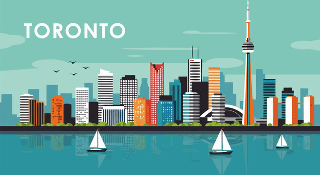 Vector illustration of a scenic Toronto city skyline with sailboats on the lake at sunset