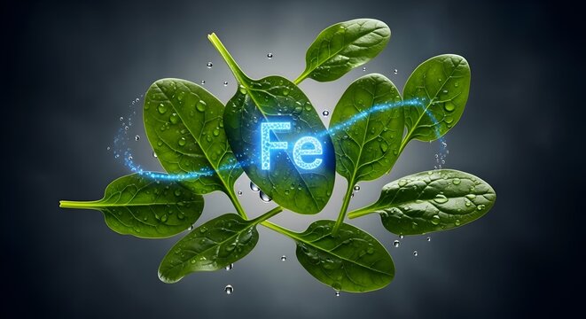 Fresh spinach leaves with glowing fe symbol representing iron content