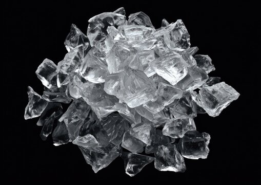 Pile of translucent, jagged shards catches light on black background, creating a cool texture