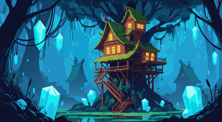 A mystical treehouse stands tall in a dreamy forest landscape at dusk, surrounded by glowing crystals, vector illustration of a fantasy scene. © Purnomo