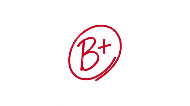 Hand drawn red academic grade B plus with circle animation on transparent background representing good results, student evaluation and educational success.