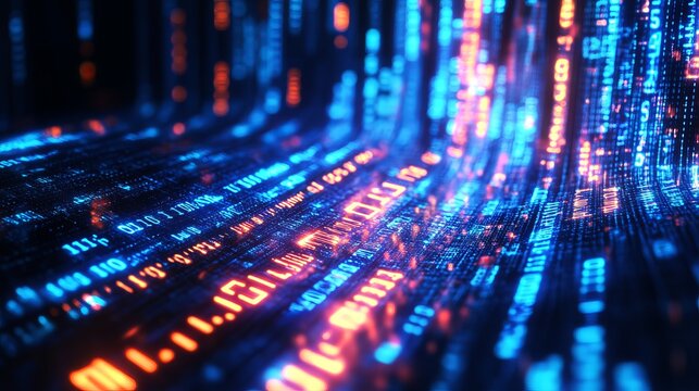 Abstract digital background featuring glowing binary code streams flowing through a dark virtual cyberspace environment space