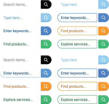 Colorful search bar interface mockups with placeholder text on white background