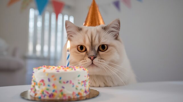 Cute fluffy cat wearing a birthday hat sitting in front of a small celebration cake with a lit candle